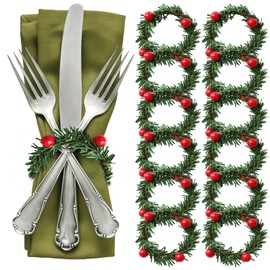 12 Pcs Christmas Napkin Rings Holly Berry Christmas Napkin Holder Mini Artificial Pine Needles Wreath with Red Berries Serviette Buckle for Xmas New Year Holiday Home Party Dinner Table Decorations