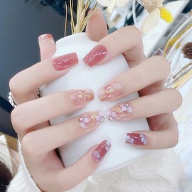 Vezocim Press on Nails Square Medium Length, 24Pcs Brown Artificial Coffin Fake Nails with Flower Designs, Glossy Full Cover Rhinestone Acrylic False Nails with Glue for Women