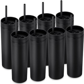 8 Pcs Skinny Tumbler with Lid and Straw, 16 oz Matte Acrylic Tumbler Insulated Double Wall Plastic Reusable Cups Vinyl Customized DIY Gifts for Parties, Birthday, Home, Office (Black)