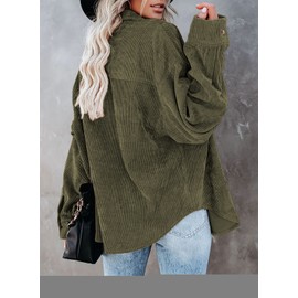 Dokotoo Womens Corduroy Shirts Button Down V Neck Long Sleeve Blouse Casual Roll Up Cuffed Tops with Pockets L Dark Green