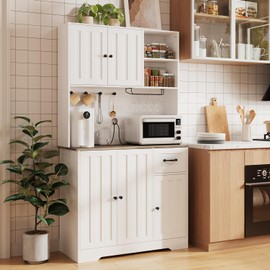 Gizoon 71" H Kitchen Pantry Storage Cabinet, Farmhouse Kitchen Hutch with 5 Doors and Adjustable Shelves, Food Pantry Cabinet with Wine Rack and Drawer for Dining Room, Living Room, Coffee Bar, Gray