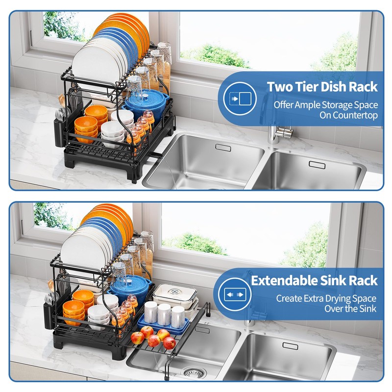 TOOLF Extendable Dish Drying Rack, 2-Tier Dish Rack for Kitchen