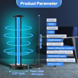Qualirey 100w UV Light Sanitizer with Ozone, UV Disinfection Light, Ultraviolet Lamp Room Sanitizer, for Whole Home Disinfection Device Mold Dust with 3 Gear Timer Remote Control for Office Travel