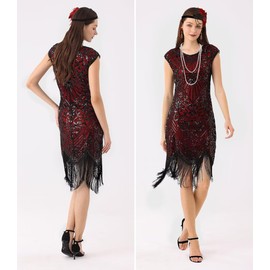 WILDPARTY 1920s Dresses for Women, Sequin Flapper Dresses Vintage Fringed Cocktail Dress with 20s Accessories Set (BlackRed-F-L)