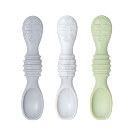 Bumkins Baby Utensil Set, Silicone Trainer Spoons for Dipping, Soft Tip, Self-Feeding, Chew, Baby Led Weaning, First Year Training Supplies, Essentials in Learning Eating, 4 Mos, 3-pk Gray and Green