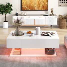 Giantex Modern LED Coffee Table - 2-Tier Center Table w/ 2 Storage Drawers, Adjustable Brightness & Speed, 20-Color Light, 43.5''L Rectangular High-Gloss Finished Table for Living Room (White)