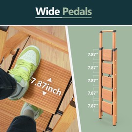 WOA WOA 5 Step Ladder, Portable Lightweight Stepladder with Anti-Slip Wide Pedal, Foldable Aluminum Ladder, Tall Step Stool with Handgrip for Home & Kitchen 330lbs - Wood Grain