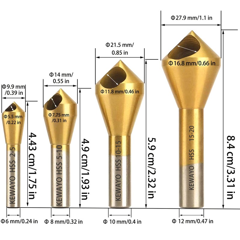Titanium Countersink Bits Set - 4Pc 90° Drill Bits for