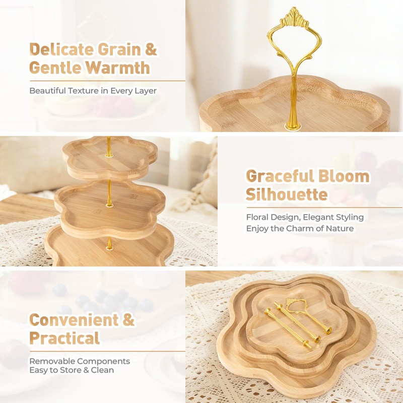 DUJUST Elegant 3-Tier Wooden Cupcake Stand with Flower-Shaped Design, Rustic