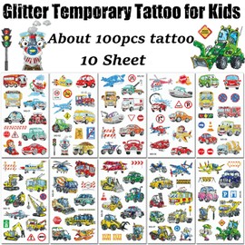 Children's Tattoo, 10 Sheets Glitter Vehicle Temporary Tattoo Set, Waterproof Skin-Friendly Tattoo for Girls and Boys, Birthday Party Decoration Accessories for Children's Birthday Party Bags