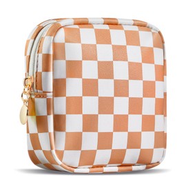 CPBER Small Makeup Bag for Purse, Mini Checkered Makeup Bags for Women, Little Cute Cosmetic Make Up Pouch with Zipper, Leather Travel Toiletry Organizer for Teen Girls (Brown)