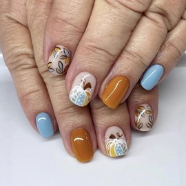 Fall Press on Nails Short Square Fake Nails Thanksgiving Glue on Nails Pumpkin Artificial Acrylic Nail Autumn Leaf False Nail Yellow Blue Glossy Stick on Nail Supplies for Women DIY 24Pcs