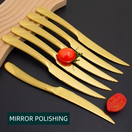 6 Pieces Gold Steak Knives Set of 6,Hammered Dinner Knife for Home Kitchen Restaurant, 9 inch Table knife, Dishwasher Safe