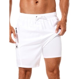 SILKWORLD Mens Swim Trunks with Compression Liner 7 Inch Quick Dry Bathing Suit Swim Shorts for Men with Zipper Pockets, White, Small