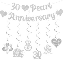 Gidobo 30th Wedding Anniversary Decorations Set, 30 Pearl Anniversary Banner, 6 Pieces Hanging Swirls, Glittery Party Hanging Bunting for Couple Parent Anniversary Celebration