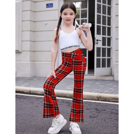 Zaclotre Girls' Flare Leggings with Split Hem Cross High Waist Yoga Bootcut Athletic Kid Bell Bottom Pants with Pockets Red Plaid