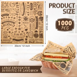 1000 Pcs 12 x 12 Inch Deli Wax Paper Sheets Grease Resistant Tray Basket Liners Newsprint Paper Water and Grease Proof Sandwich Wrapping Square Hot Dog Wrappers for Food Baking (Brown)