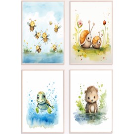 Dreamy Doodles® Set of 4 Poster Sweet Forest Wildlife High-Quality A4 Print without Frame Children's Pictures Children's Room Hedgehog Bees Turtle Snails Baby Room Decoration Wall Poster