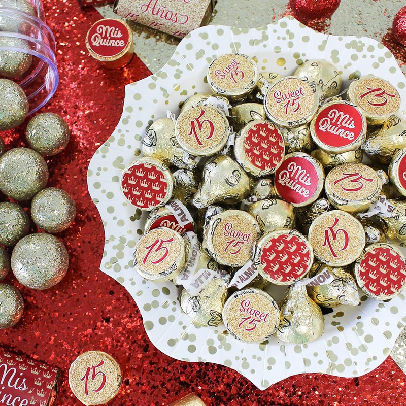 Red and Gold Quinceañera Chocolate Kisses Party Favor Stickers, Mis