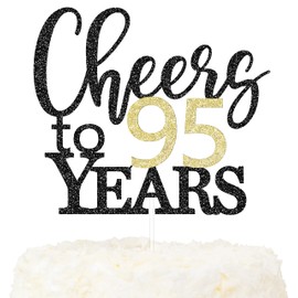 LOVENJOY Decoración para tartas Cheers to 95 Years para decoración de tartas de feliz 95 cumpleaños, aniversario, doble cara, negro y dorado