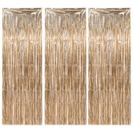 BoKin 3 Pack 3.3x6.6 ft Champagne Foil Fringe Backdrop Curtains，Tinsel Streamers Decorations，Metallic Foil Backdrop for Party Decorations, Birthdays, Weddings and Graduations