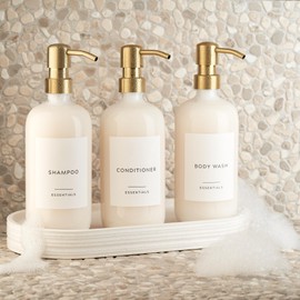 Stylish Shampoo and Conditioner Dispenser Set of 3 - Modern 21oz Shower Soap Bottles with Pump and Labels - Easy to Refill Body Wash Dispensers for an Instant Bathroom Decor Upgrade Clear