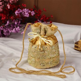 Purpledip Potli Bag (Clutch, Drawstring Purse) For Women With Intricate Gold Thread & Sequin Embroidery Work, Golden, Medium
