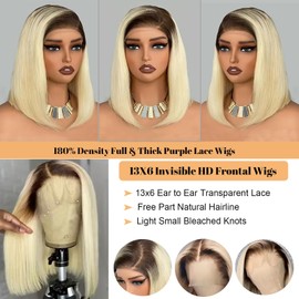 Upgrade-1B613 Blonde Bob Wig Human Hair 8" 13x6 Ombre Blonde Bob Lace Front Wigs Human Hair Pre Plucked 180% Density Straight 613 HD Lace Frontal Bob Wigs for Women Glueless Bob Wig with Baby Hair