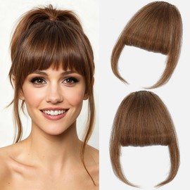 Clip in Bangs, 100% Real Human Hair Wispy Fake Bangs Hair Clip for Women Light Brown Natural Curtain Fringe with Temples Hairpieces for Daily Wear (Wispy, Light Brown)