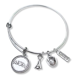 Softball Mom Charm Bracelet, Adjustable Silver Bangle with Bat, Glove, and Infinity Charms, Jewelry & Gifts for Softball Moms and Players