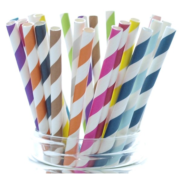 Multi Charming Pinstripe Colorful Straws - Pack of 25 – Assorted Drinking Paper Straw, Multi Color Rainbow Striped Straws