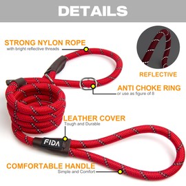 Fida Slip Rope Dog Lead | 1.8m, One-Size-Fits-All, Slip-On Rope Leash. Easy to Slip On, No Collar or Harness Needed. Durable & Weather Resistant Climbers Rope with Reflective Stitching (Red)