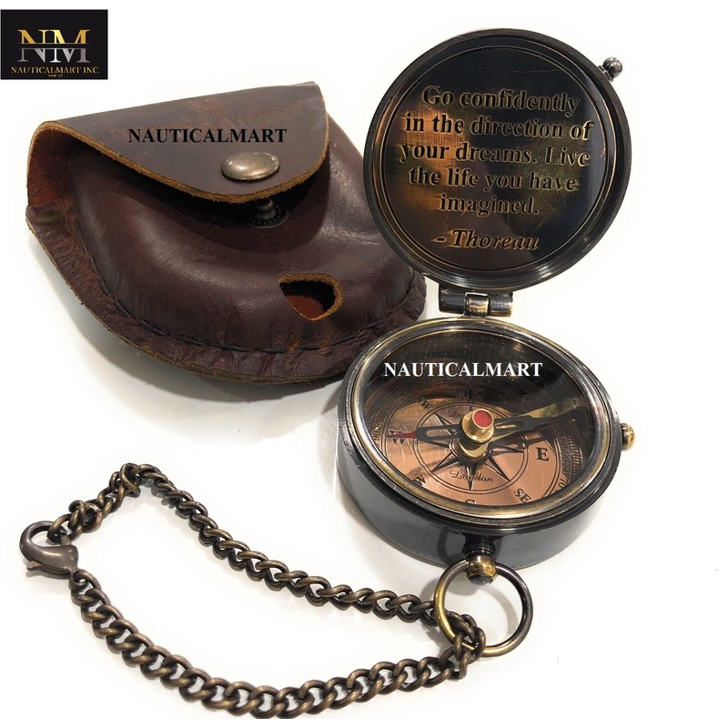 Thoreau's Go Confidently Quote Engraved Compass with Stamped Leather case,