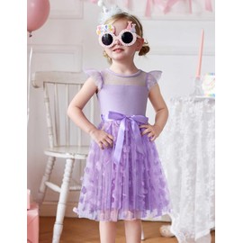 Arshiner Toddler Dress Girls Summer Ruffle Sleeve Mesh A Line Formal Party Tulle Dresses with Pockets Purple Flower