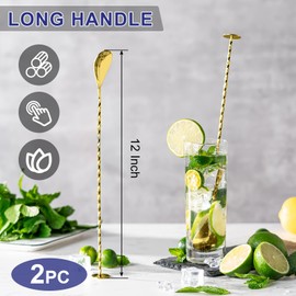 BRIOUT 2 Pcs Bar Spoon, 12 Inches Long Handle Drink Stirrer, Stainless Steel Bar Cocktail Mixing Spoons with Round Base for Stirring, Gold