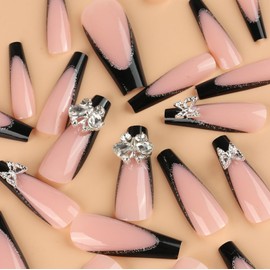 SINHOT French Tip Press on Nails Long Coffin Fake Nails 3D Butterfly Acrylic Nails Glossy Glue on Nails Black Ballerina Artificial Nails Stick on False Nails with Design 24 pcs