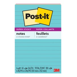 Post-it Notas Súper Adhesivas, Doble poder de adhesión, Colección Supernova, 10.1 cm x 15.2 cm, 4 pads, 45 hojas por pad
