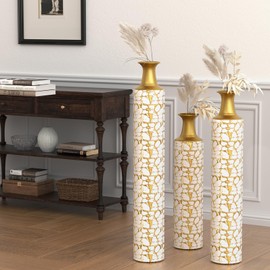 Tall Floor Vases Set of 3, Modern Large Vases for Home Decor, Gold Metal Decorative Vase for Living Room, Big Metallic Centerpiece Vases for Corner, Bedroom，Enterway (Antique White)