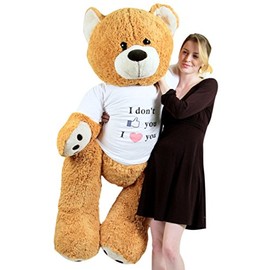 Big Plush Giant Love Teddy Bear 55 Inches Honey Brown Color Wears Tshirt That says I Don't Like You I Love You