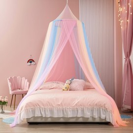 Huiguli Rainbow Bed Canopy, Round Dome Girls Bedroom Accessories, Kids Princess Bed Curtains and Mosquito Nets, Dreamy Bed Canopy for Girls