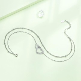 Hifeeled Anklet Women's 925 Silver Double Chain with Ball Beads Anklet Summer Barefoot Beach Anklets Adjustable 22 cm + 4, Silver, Cubic Zirconia