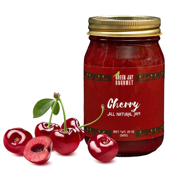 Green Jay Gourmet Cherry Jam - All-Natural Fruit Jam with Cherries & Lemon Juice - Vegan, Gluten-free Jam - Contains No Preservatives or Corn Syrup - Made in USA - 20 Ounces