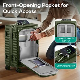 Joyway 20 Inch Carry on Luggage with Aluminium Frame and Front Pocket, PC Hardshell Suitcase with USB Port and Cup Holder, Luggage with Spinner Wheels and TSA Lock (Dark Green)