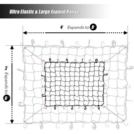 CZC AUTO Bungee Cargo Net 3x4Ft Truck Bed Net Stretches to 6x8Ft for Pickup Trailer RV SUV Boat |3x3Inch Mesh Net Holds Small and Large|12 Tangle Free Carabiners & 12 Plastic Hooks|Super Duty