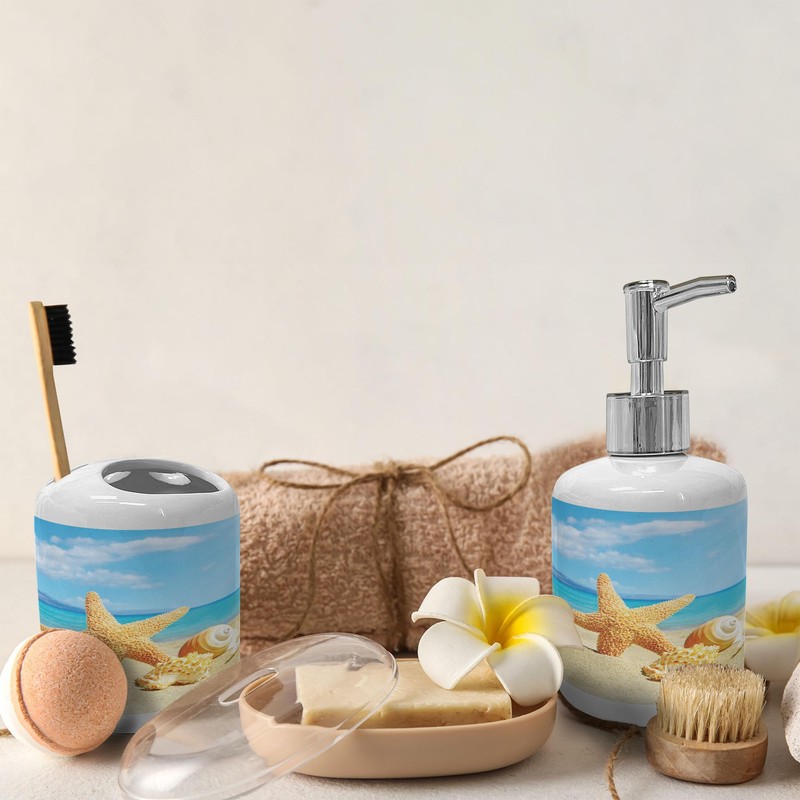 Ambesonne Seashells Soap Dispenser & Toothbrush Holder Set, Summer Beach