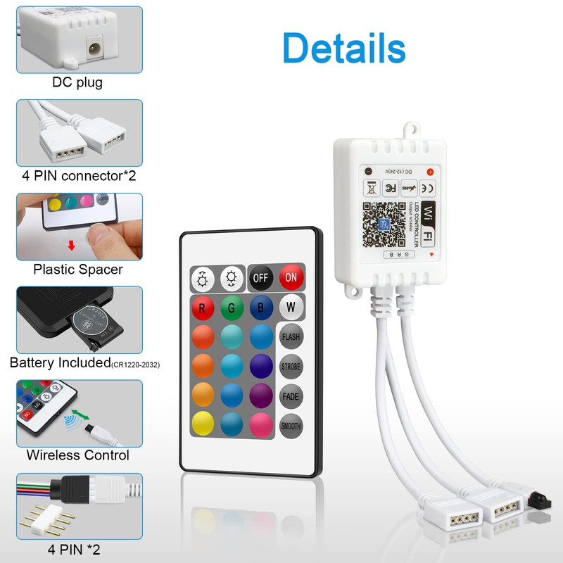 Smart WiFi RGB LED Light Strip Remote Controller, 24 Key