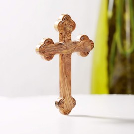 KASSIS Olive Wood Cross Crucifix Wall Cross Simple with Round Edges for Hanging from Bethlehem for Confirmation, Christening, Communion (without Engraving, 13 cm)