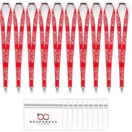 Set of 10 Visitor Lanyards with Waterproof Card Holders and Safety Breakaway Clip (Red)