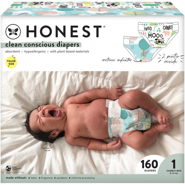 The Honest Company Clean Conscious Diapers | Plant-Based, Sustainable | Above It All + Barnyard Babies | Super Club Box, Size 1 (8-14 lbs), 160 Count