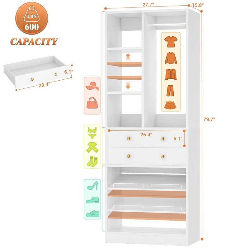 Closet System, 28"/2.4 FT Small Closet Organizer System with Drawers